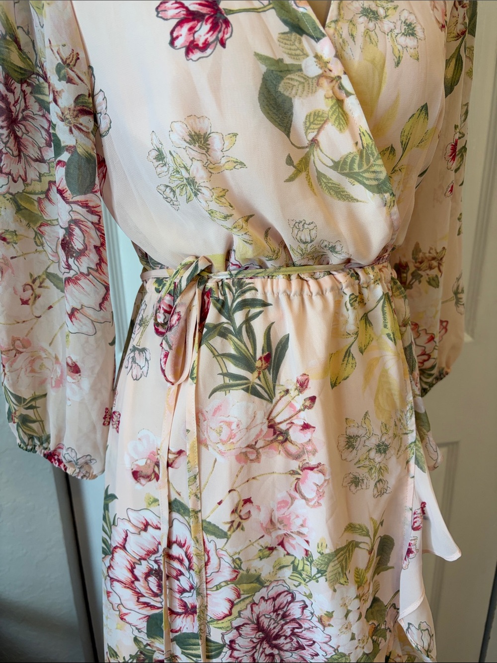 New York and Company floral maxi wrap dress 3/4 sleeve ruffle size extra small - Picture 3 of 11